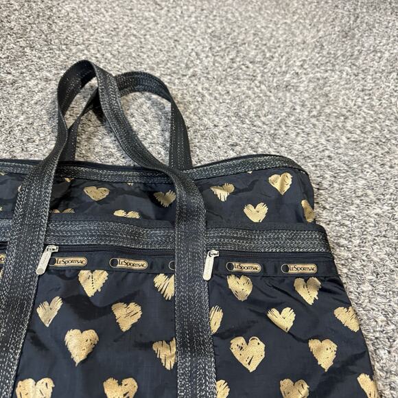 LeSportSac Large Weekend Tote Bag Black with Gold Hearts - Picture 2 of 7